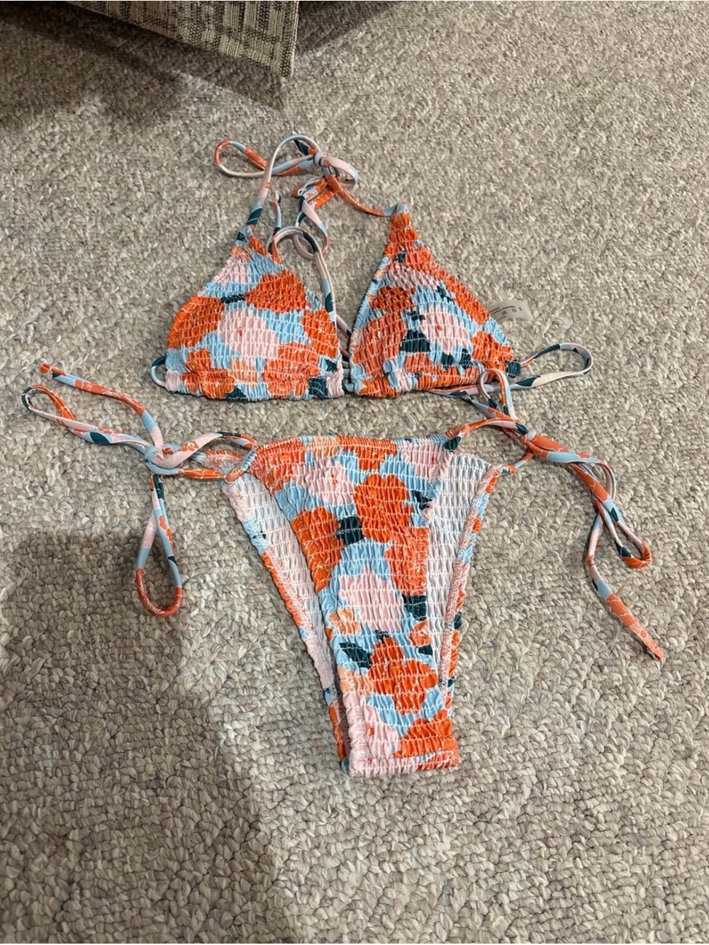 Smocked Floral Print Tie-Side Bikini Set in Orange & Light Blue